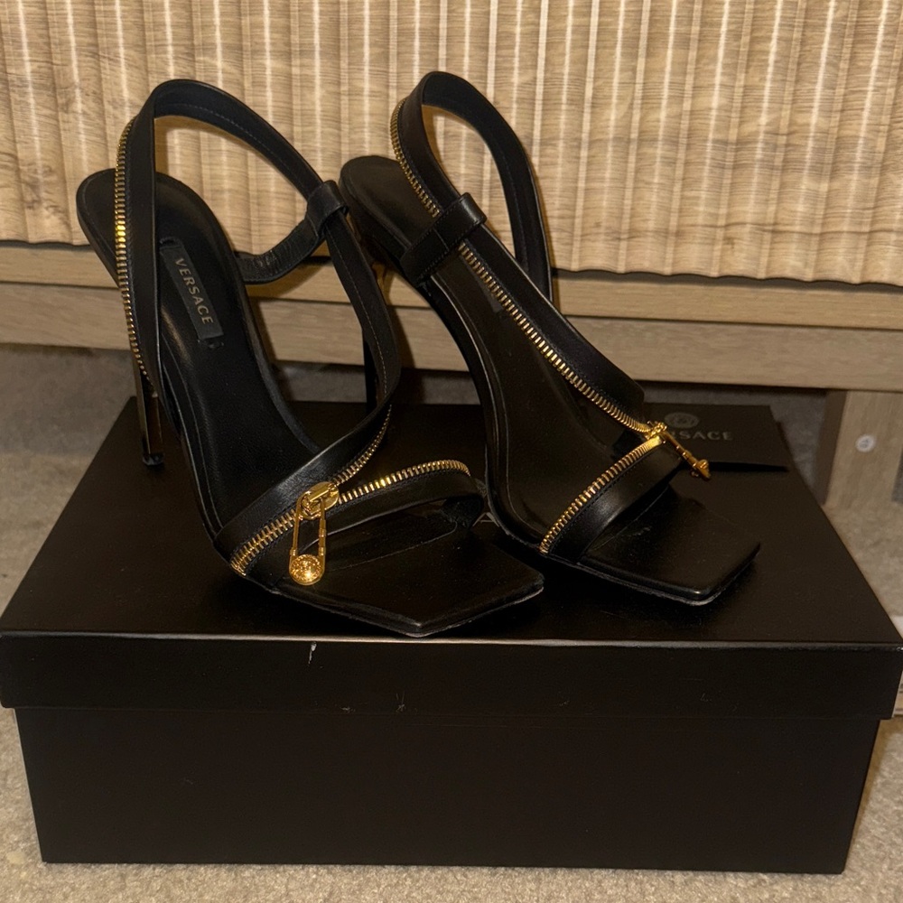 Versace Black Heels with Gold Zipper Detail